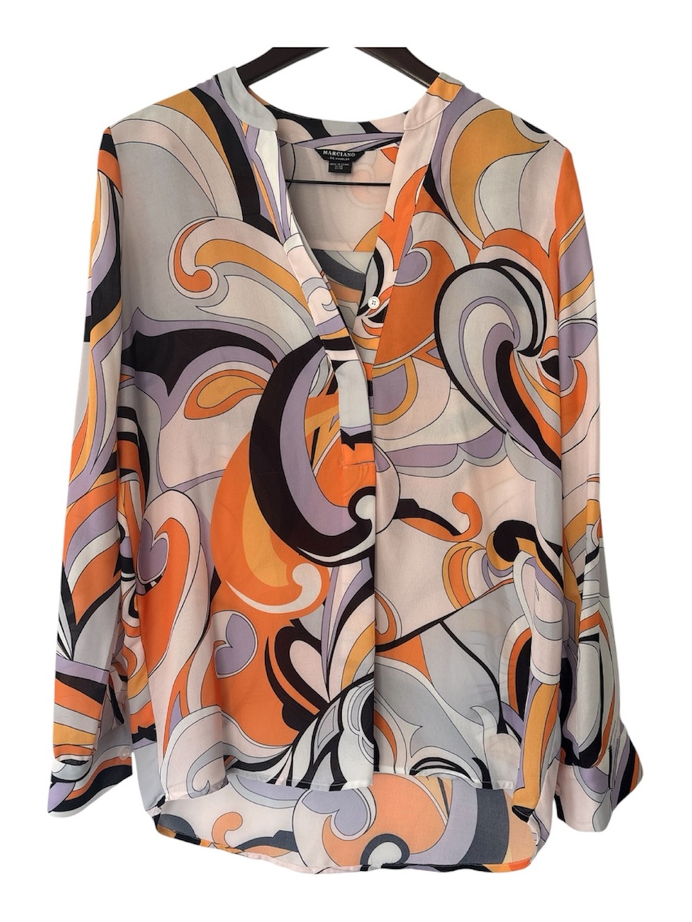 Marciano Abstract Swirl Print Long-Sleeve Blouse Orange & Lavender - Size XS